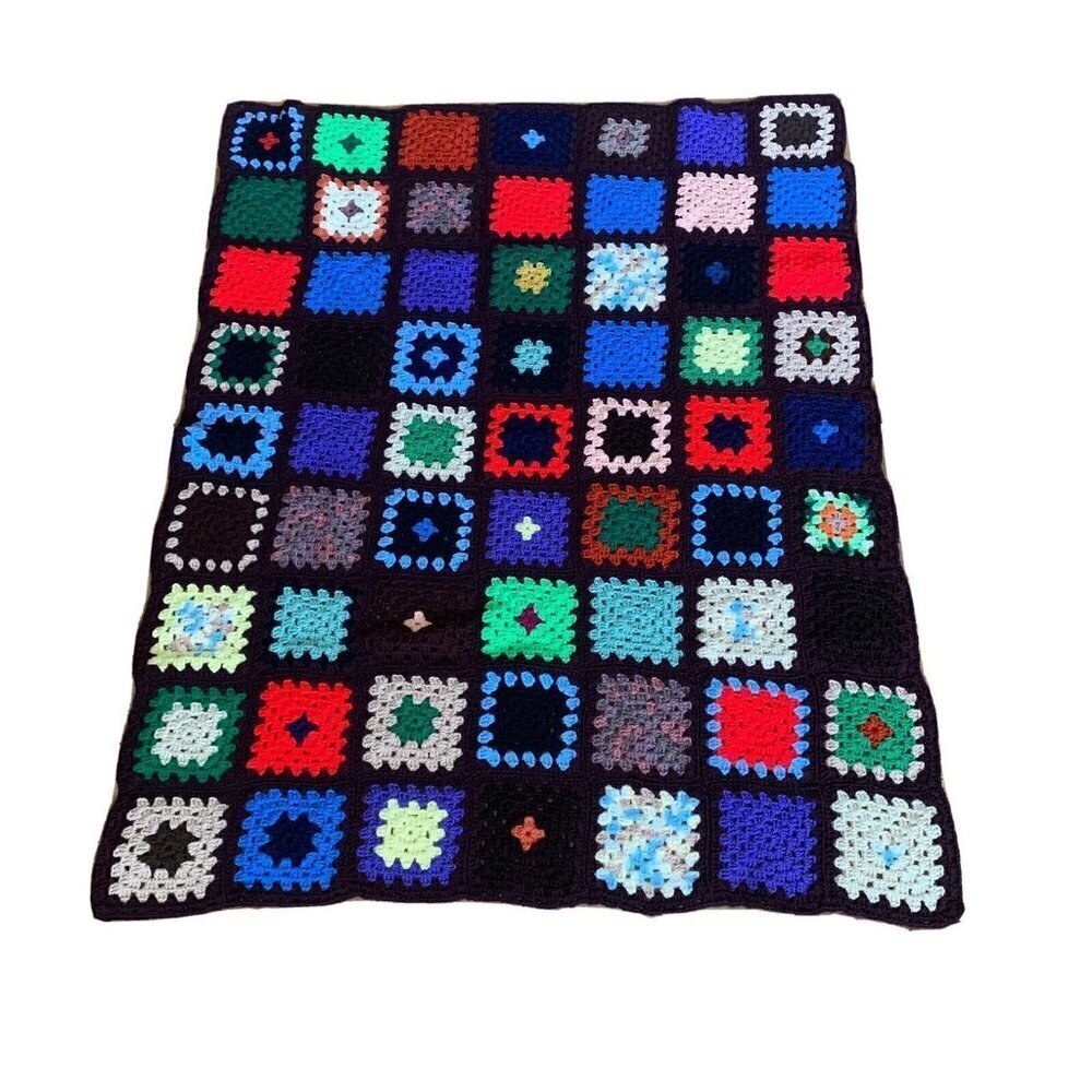 Granny Square Dark Brown Afghan Crochet Throw Blanket 45” x 58” Vintage